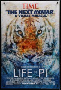 7f458 LIFE OF PI style B advance DS 1sh '12 Suraj Sharma, Irrfan Khan, cool collage image of tiger!