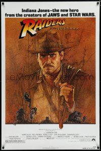 7f628 RAIDERS OF THE LOST ARK 1sh '81 great art of adventurer Harrison Ford by Amsel!