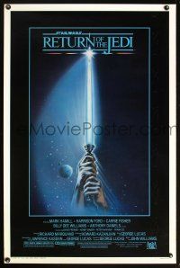 7f645 RETURN OF THE JEDI 1sh '83 George Lucas classic, art of hands holding lightsaber!