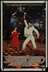 7f675 SATURDAY NIGHT FEVER teaser 1sh '77 best image of disco John Travolta & Karen Lynn Gorney!