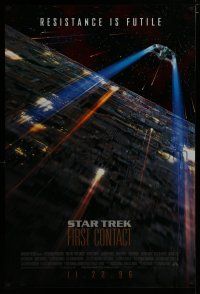 7f736 STAR TREK: FIRST CONTACT int'l advance DS 1sh '96 starship Enterprise above Borg cube!