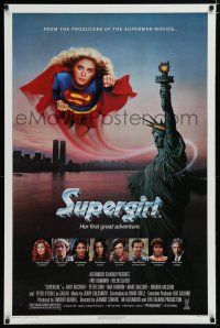 7f753 SUPERGIRL 1sh '84 super Helen Slater in costume flying over Statue of Liberty!