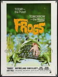 7g336 FROGS 30x40 '72 great horror art of man-eating amphibian with human hand hanging from mouth!