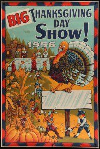 7g113 BIG THANKSGIVING DAY SHOW 40x60 '56 wonderful silkscreen art of turkey, natives & pilgrims!