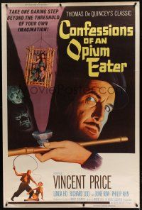 7g125 CONFESSIONS OF AN OPIUM EATER 40x60 '62 Vincent Price, cool artwork of drugs & caged girls!