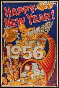 7g143 HAPPY NEW YEAR 1956 40x60 '56 wonderful art of horn 'o plenty full of consumer goods!