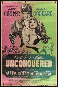 7g180 UNCONQUERED 40x60 R55 art of Gary Cooper holding Paulette Goddard & two guns!
