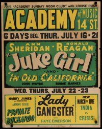 7g025 ACADEMY OF MUSIC local theater jumbo WC '42 Ann Sheridan, Ronald Reagan, Juke Girl!