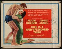 7j610 LOVE IS A MANY-SPLENDORED THING 1/2sh '55 romantic art of William Holden & Jennifer Jones!