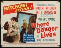 7j833 WHERE DANGER LIVES style B 1/2sh '50 Robert Mitchum grabbing Faith Domergue, Rains w/gun!