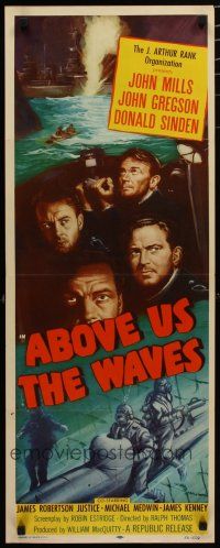 7j005 ABOVE US THE WAVES insert '56 art of John Mills & English WWII sailors at periscope in sub!