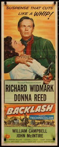 7j032 BACKLASH insert '56 Richard Widmark holds Donna Reed, suspense that cuts like a whip!