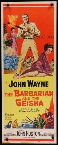 7j036 BARBARIAN & THE GEISHA insert '58 John Huston, art of John Wayne with torch & Eiko Ando!
