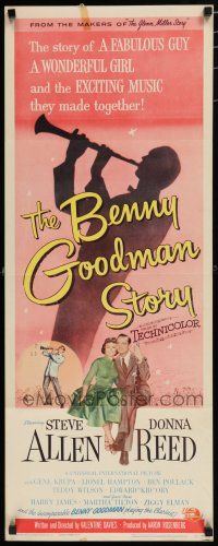 7j041 BENNY GOODMAN STORY insert '56 Steve Allen as Goodman, Donna Reed, Gene Krupa, Brown art!