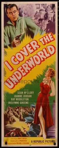 7j191 I COVER THE UNDERWORLD insert '55 art of full-length sexy smoking bad girl, McClory w/gun!