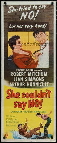 7j373 SHE COULDN'T SAY NO insert '54 sexy short-haired Jean Simmons examines Dr. Robert Mitchum!