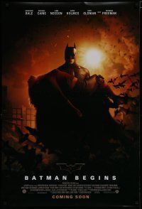 7k082 BATMAN BEGINS coming soon advance DS 1sh '05 Bale as Caped Crusader carrying Katie Holmes!