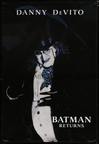 7k091 BATMAN RETURNS teaser 1sh '92 close-up of Danny DeVito as the Penguin, Tim Burton!