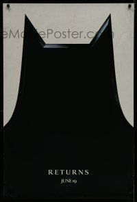 7k090 BATMAN RETURNS dated teaser DS 1sh '92 Tim Burton, cool close-up image of bat cowl!