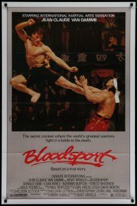 7k104 BLOODSPORT 1sh '88 cool image of Jean Claude Van Damme kicking Bolo Yeung, martial arts!