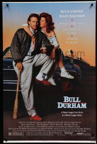 7k130 BULL DURHAM 1sh '88 great image of baseball player Kevin Costner & sexy Susan Sarandon!