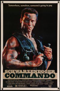 7k176 COMMANDO 1sh '85 Arnold Schwarzenegger is going to make someone pay!