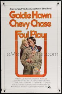 7k289 FOUL PLAY 1sh '78 wacky Lettick art of Goldie Hawn & Chevy Chase, screwball comedy!