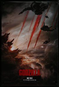 7k317 GODZILLA teaser DS 1sh '14 image of soldiers parachuting over monster & burning city!