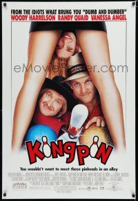 7k436 KINGPIN DS 1sh '96 wacky image of Woody Harrelson & Randy Quaid, bowling!
