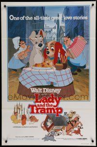 7k443 LADY & THE TRAMP 1sh R80 most romantic spaghetti scene from Disney dog classic!