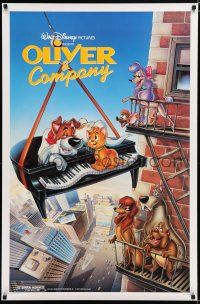 7k579 OLIVER & COMPANY 1sh '88 great image of Walt Disney cats & dogs in New York City!