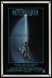 7k649 RETURN OF THE JEDI 1sh '83 George Lucas classic, art of hands holding lightsaber!