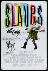 7k715 SLAVES OF NEW YORK int'l 1sh '89 wacky image of Bernadette Peters being walked by dog!