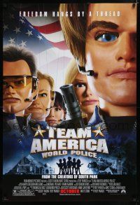 7k759 TEAM AMERICA: WORLD POLICE advance DS 1sh '04 Parker & Stone, freedom hangs by a thread!