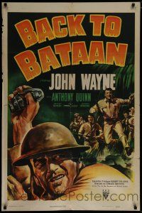 7p060 BACK TO BATAAN style A 1sh '45 art of John Wayne with grenade & Anthony Quinn in WWII!