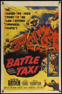 7p068 BATTLE TAXI 1sh '55 Sterling Hayden, Arthur Franz, fiery action art of helicopter rescue!