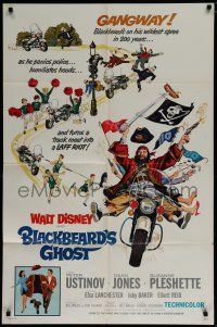 7p092 BLACKBEARD'S GHOST 1sh '68 Walt Disney, artwork of wacky pirate Peter Ustinov on motorcycle!
