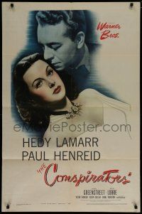 7p197 CONSPIRATORS 1sh '44 freedom fighter Paul Henreid nuzzles the hair of sexy Hedy Lamarr!
