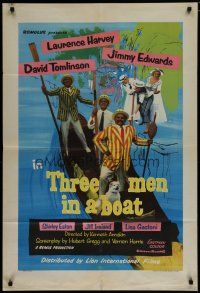 7p873 THREE MEN IN A BOAT English 1sh '56 wacky art of Laurence Harvey & co-stars on gondola!