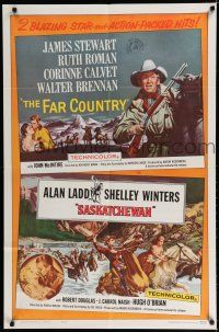 7p288 FAR COUNTRY/SASKATCHEWAN 1sh '62 James Stewart, Alan Ladd, cool western artwork!