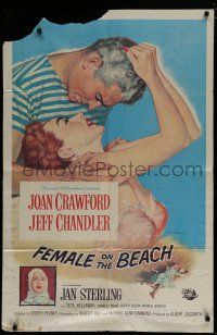 7p292 FEMALE ON THE BEACH 1sh '55 romantic close up art of Joan Crawford and Jeff Chandler!