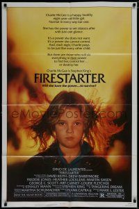 7p297 FIRESTARTER 1sh '84 close up of creepy eight year-old Drew Barrymore, sci-fi!
