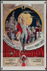 7p302 FLESH GORDON 1sh '74 sexy sci-fi spoof, wacky erotic super hero art by George Barr!
