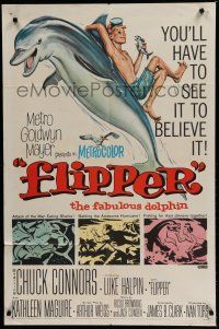 7p303 FLIPPER 1sh '63 Chuck Connors, Luke Halpin, cool art of boy & dolphin!