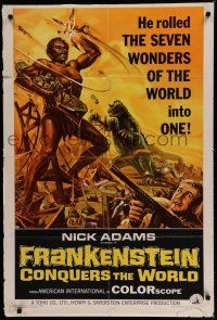 7p315 FRANKENSTEIN CONQUERS THE WORLD 1sh '66 Toho,cool art of monsters terrorizing by Reynold Brown