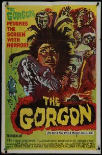 7p343 GORGON 1sh '64 she had a face only a mummy could love, petrifies the screen w/ horror!