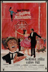 7p364 HAPPIEST MILLIONAIRE style A 1sh '68 Disney, art of Tommy Steele laughing & dancing!