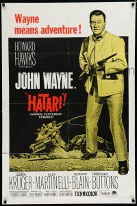 7p371 HATARI 1sh R67 directed by Howard Hawks, great image of John Wayne in Africa!