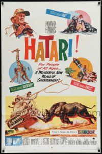 7p370 HATARI 1sh '62 Howard Hawks, artwork of John Wayne in Africa by Frank McCarthy!