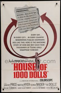 7p390 HOUSE OF 1000 DOLLS 1sh '67 Vincent Price, Martha Hyer, traffic in human flesh!
